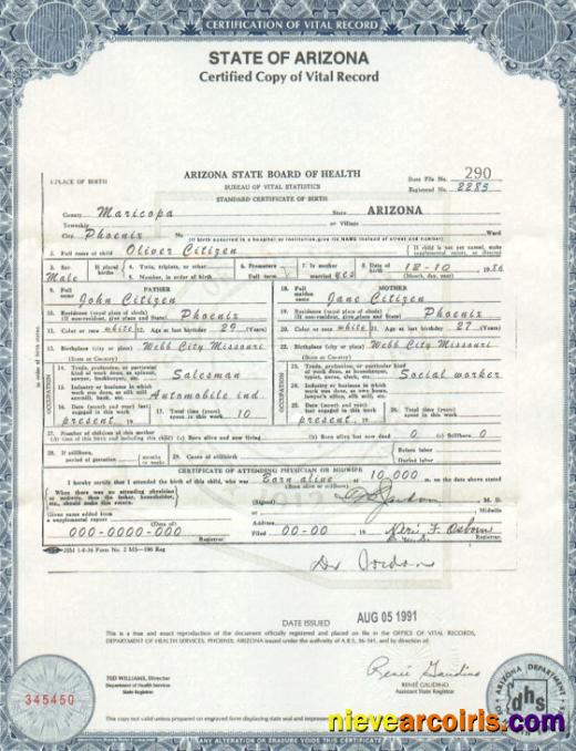 USA Arizona state birth certificate